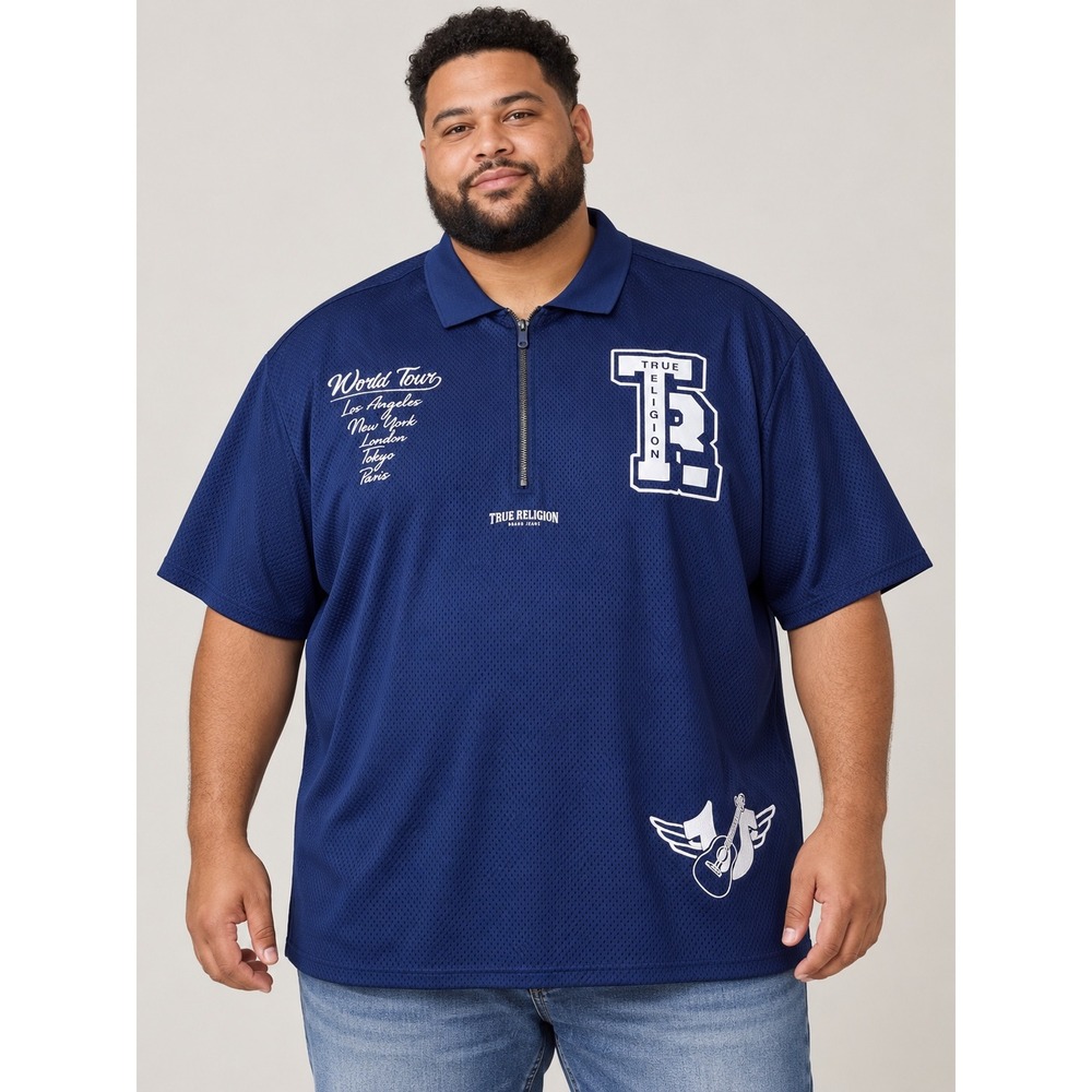 True Religion Polo Shirt World Tour Mesh Quarter Zip Navy Blue Mens Size 3XL